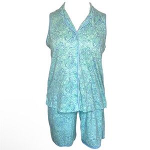 Celestial Dreams Pjs Short Set Top Shorts Button Down Elastic Paisley Blue Green